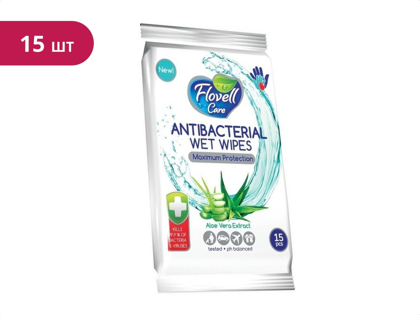 Влажные салфетки Flovell Care Antibacterial Aloe Vera Extract 15 шт