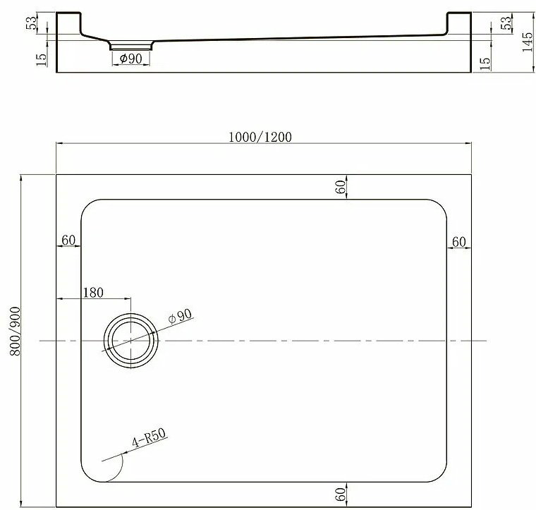 Душевой поддон VERONI TZ-54B Арт.TZ54B-12090-C5 120x90 низкий