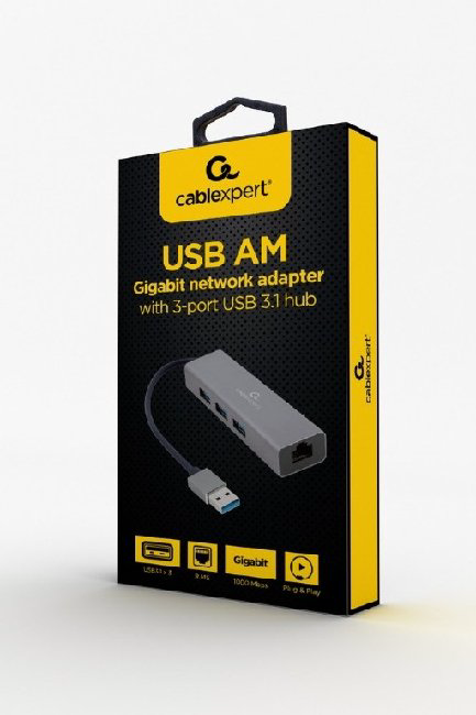 Конвертер Cablexpert USB 3.0 на 3xUSB 3.0 Lan RJ45 черный