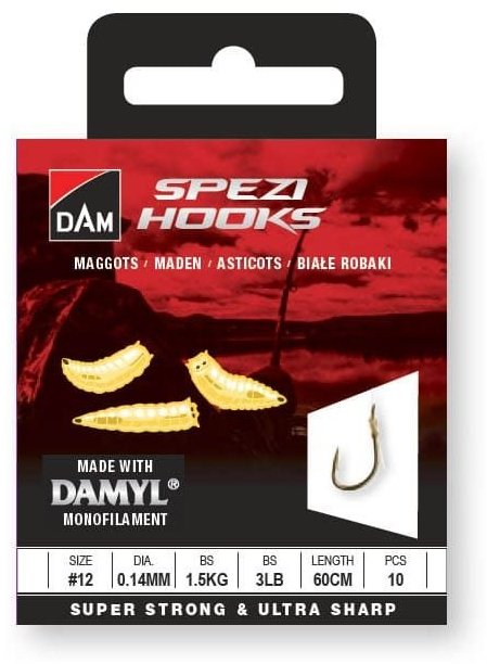 Крючок для рыбалки DAM SPEZI MAGGOTS# №14 / 0.14MM / 1.5KG / 3LB / 60CM / 10шт одинарный золотистый 10 шт