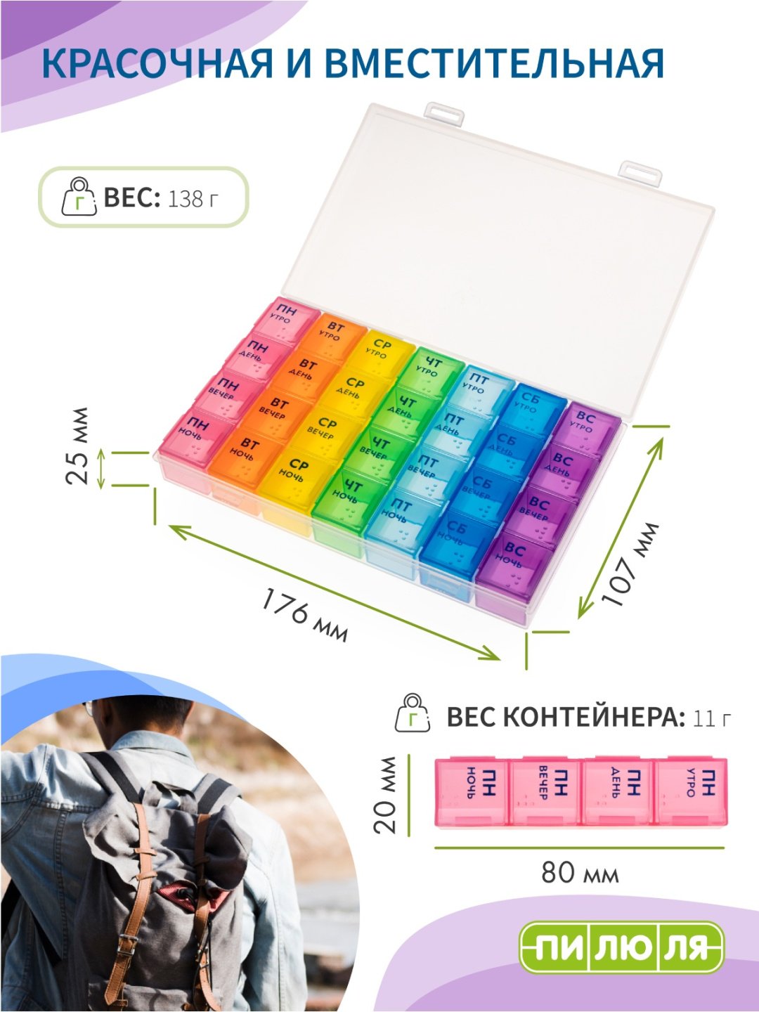 Таблетница Пилюля на неделю Дорожная 28 отделений