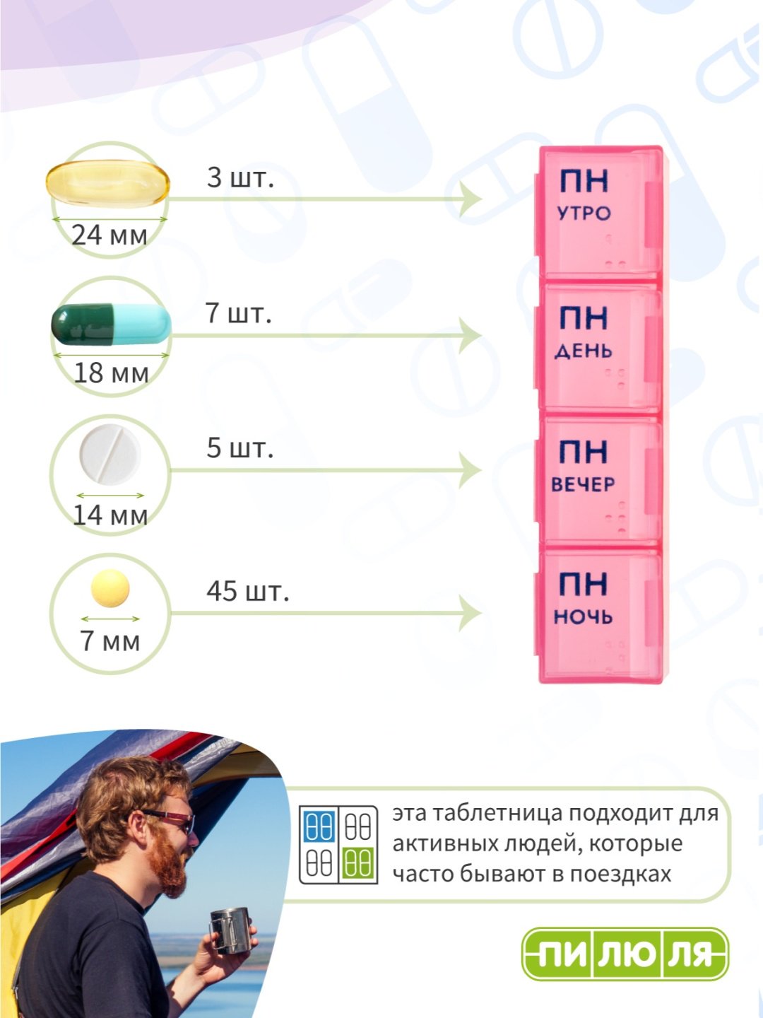 Таблетница Пилюля на неделю Дорожная 28 отделений
