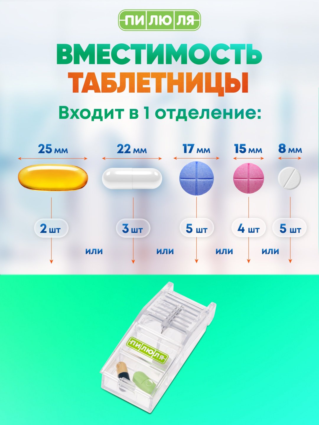 Таблетница ПИЛЮЛЯ с делителем. 2 отделения