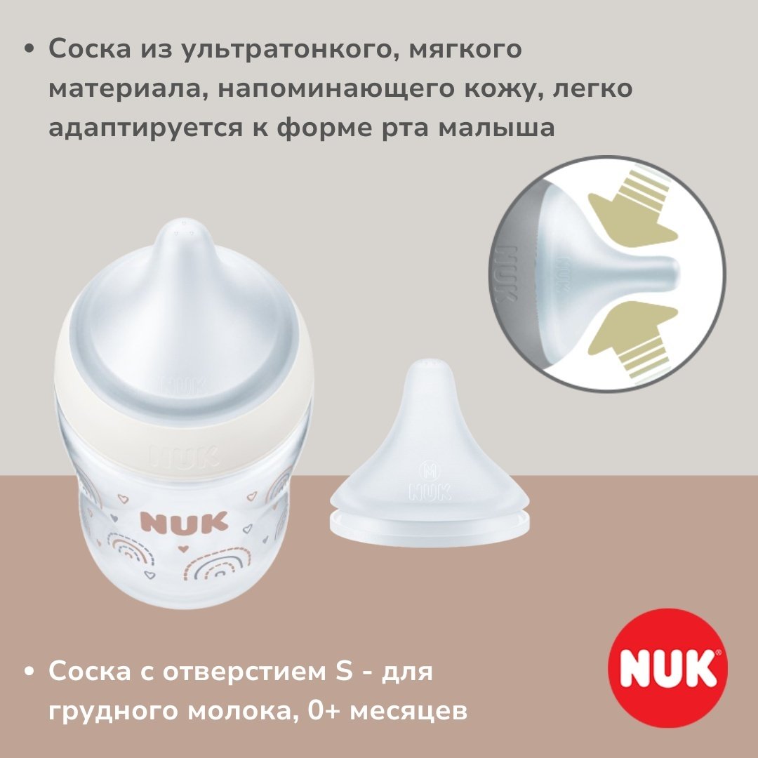 Бутылочка NUK Perfect Match, стекло, 0+ месяцев, соска S, 120 мл белый купить,NaN