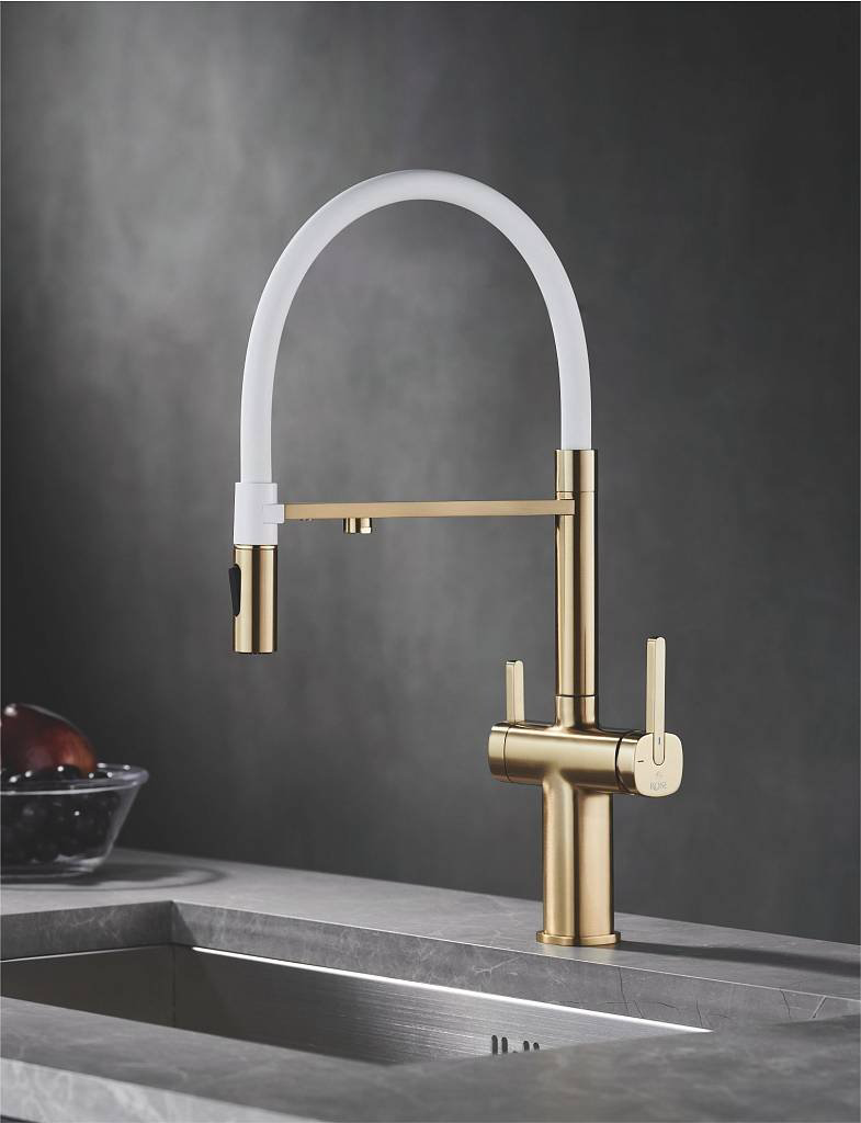 Смеситель с гибким изливом Rose R358G, латунь, цвет белый, золотистый купить,NaN