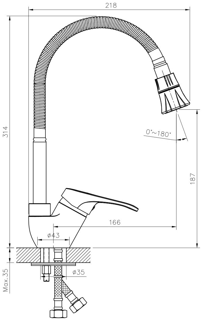 Смеситель с гибким изливом Rossinka S35-26, нержавеющая сталь, цвет хром