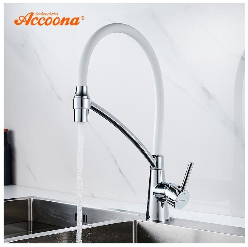 Смеситель с гибким изливом Accoona A4890G-2, латунь, цвет белый, хром купить,NaN