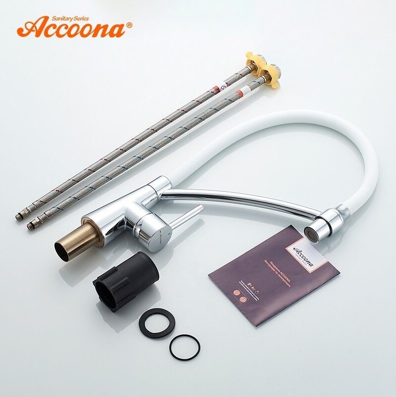 Смеситель с гибким изливом Accoona A4890G-2, латунь, цвет белый, хром купить,NaN
