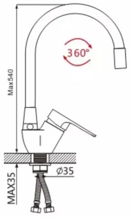 Смеситель с гибким изливом Oute T40593b-8, нержавеющая сталь, цвет красный