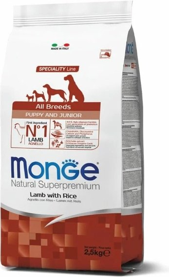 Корм Monge All Breeds Puppy&amp;Junior Ягненок с рисом для щенков всех пород 2.5 кг