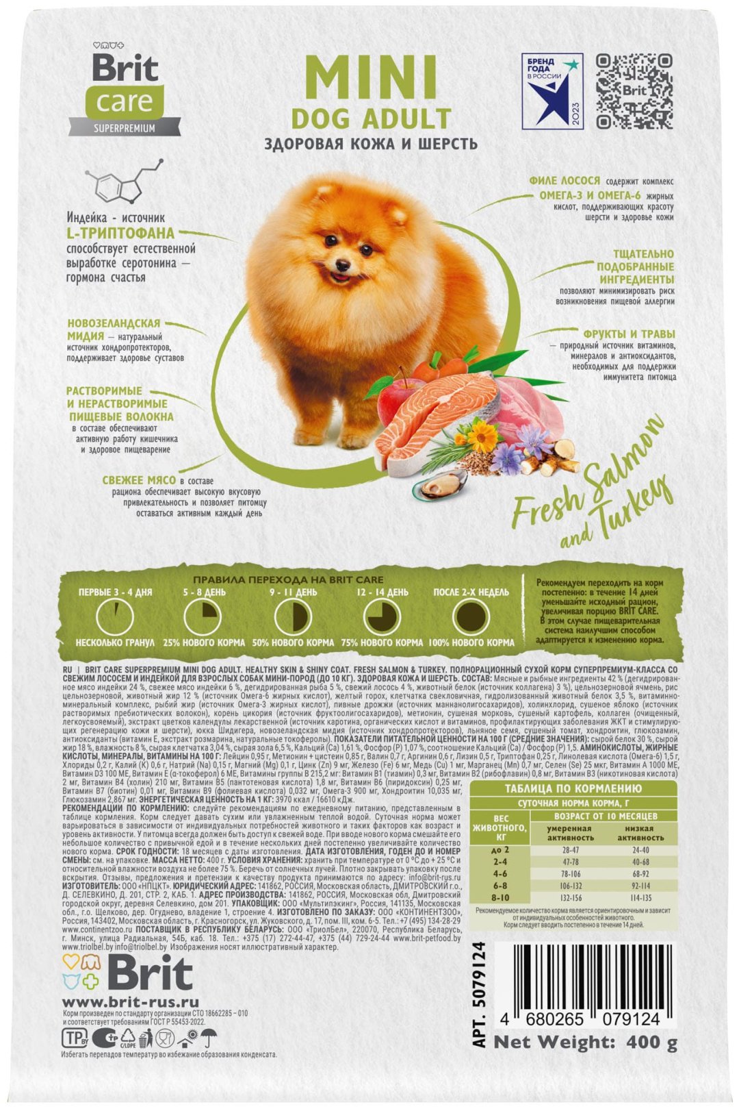 Корм Brit BRIT CARE Mini, Сухой корм с инд. для вз.cоб.мин.п, "Adult. Healthy Skin&amp;Shiny Coat" лосось, индейка 0.4 кг