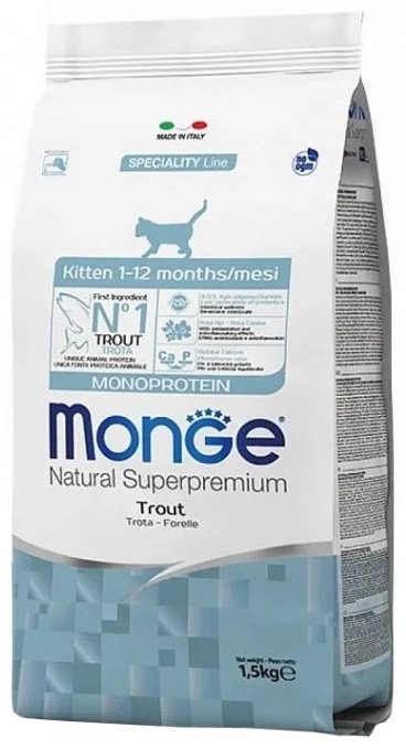 Корм Monge Natural Superpremium Monoprotein монопротеиновый для котят форель форель 1.5 кг