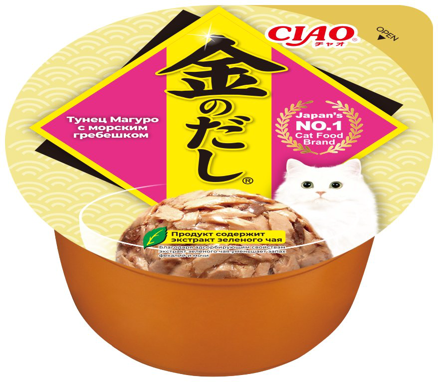 Корм INABA Kinnodashi cup кусочки в желе тунец, морской гребешок 70 г 1 шт купить,815