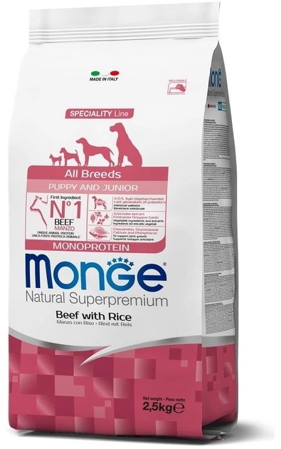 Корм Monge All Breeds Puppy&amp;Junior Monoprotein Говядина с рисом для щенков всех пород 2.5 кг