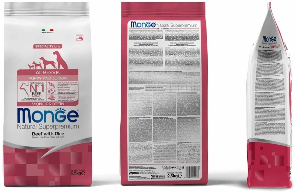 Корм Monge All Breeds Puppy&amp;Junior Monoprotein Говядина с рисом для щенков всех пород 2.5 кг