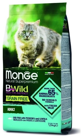 Корм Monge Bwild Grain Free треска, чечевица и картофель треска, чечевица, картофель 1.5 кг