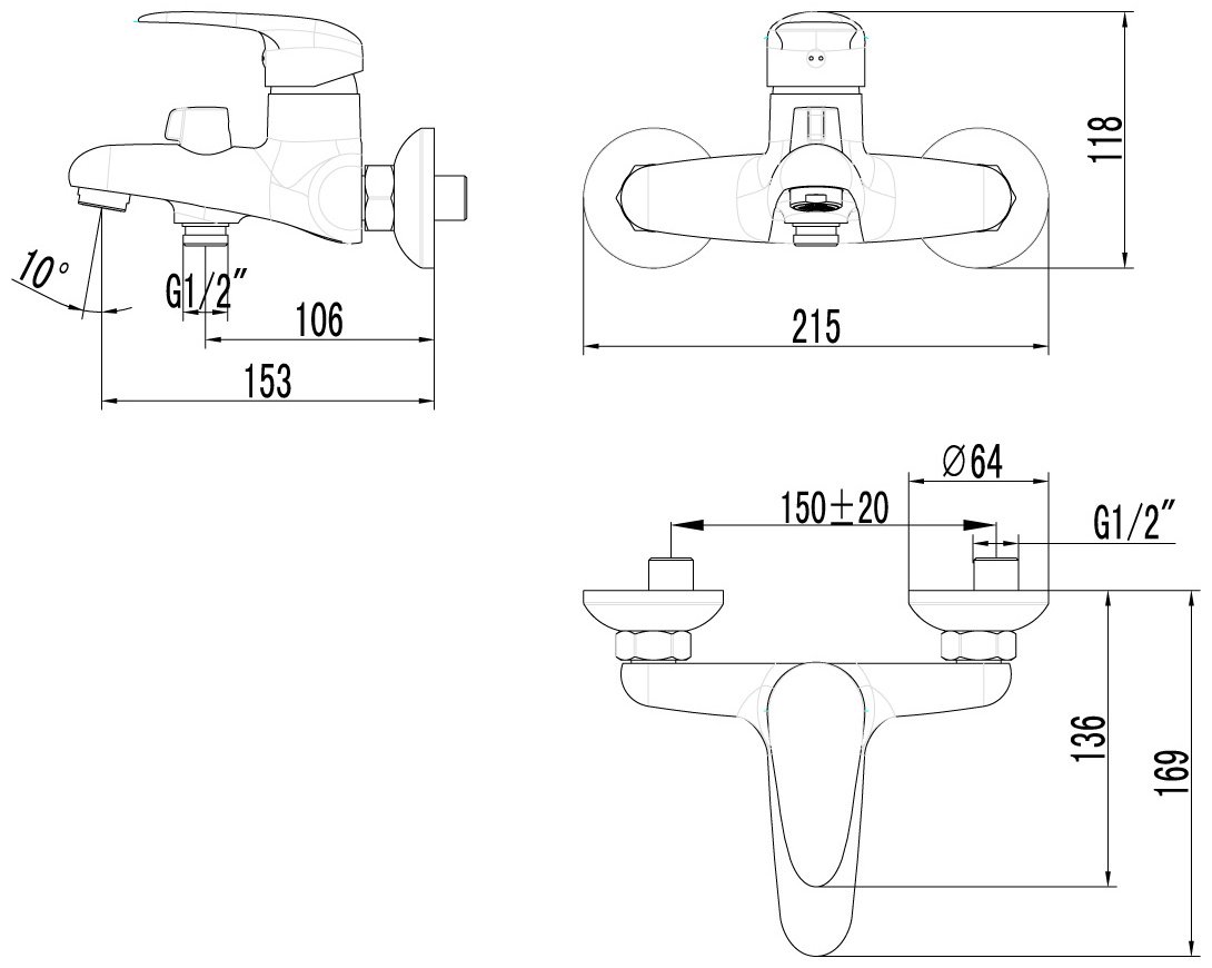 Смеситель для ванны с душем Lemark LM3314C, однозахватный