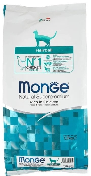 Корм Monge Natural Superpremium Hairball для вывода шерсти курица 1.5 кг купить,9815
