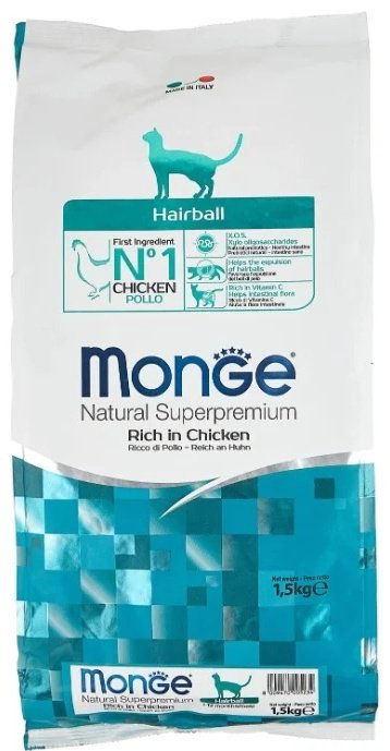 Корм Monge Natural Superpremium Hairball для вывода шерсти курица 1.5 кг купить,9815