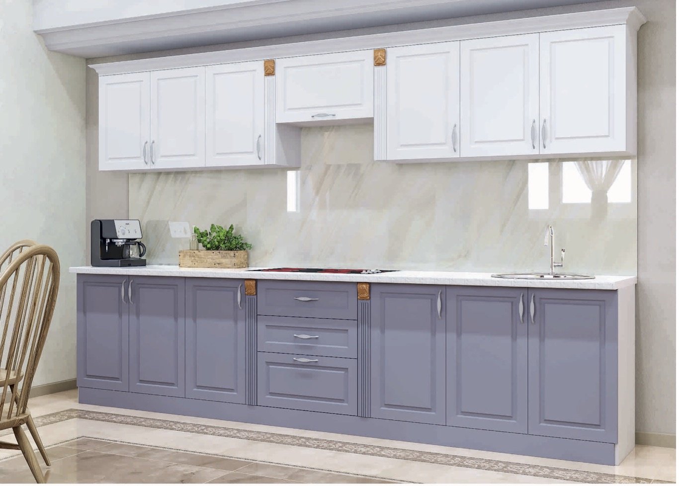 Кухонный гарнитур Эдем Милана, 300x210х60 см, ЛДСП, белый, фиолетовый