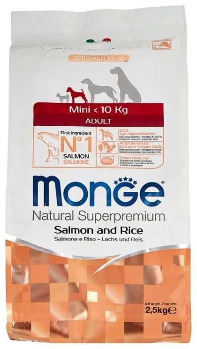 Корм Monge Mini Adult Лосось с рисом для взрослых мелких пород 2.5 кг купить,NaN
