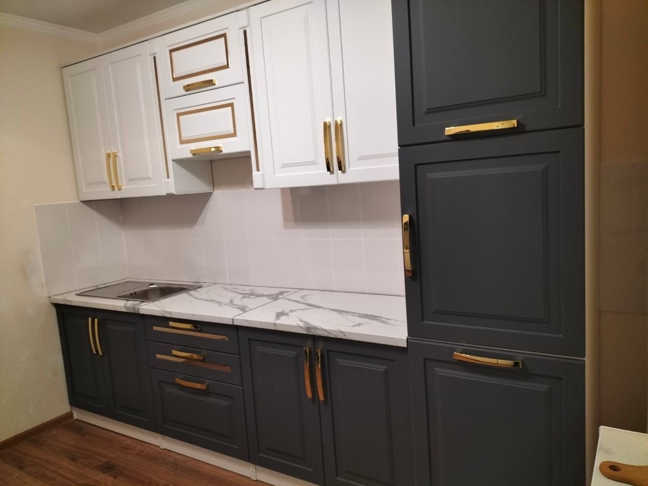 Кухонный гарнитур Elegant Квадро, 310x235х60 см, ЛДСП, белый, серый