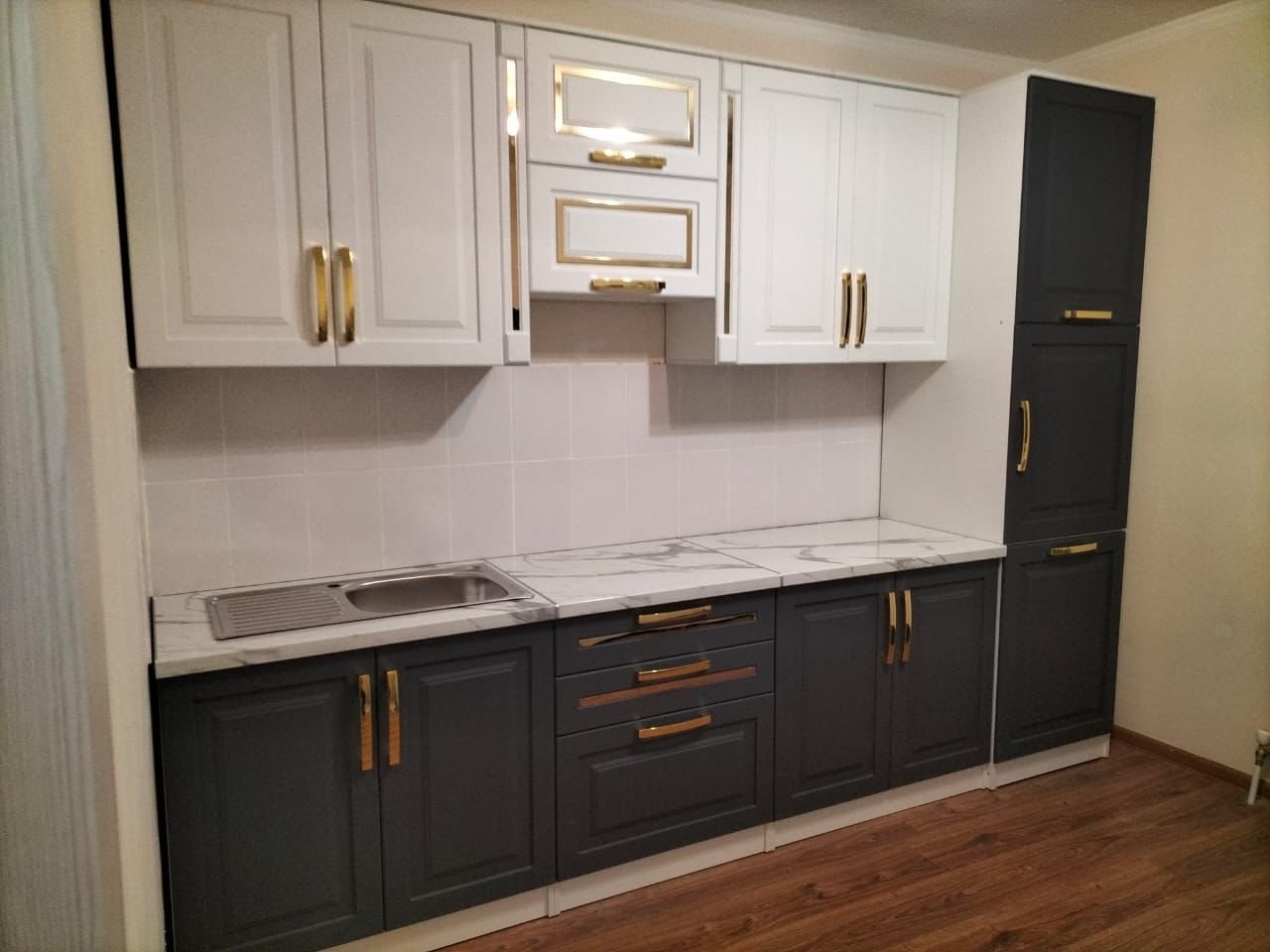 Кухонный гарнитур Elegant Квадро, 310x235х60 см, ЛДСП, белый, серый