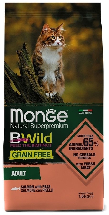 Корм Monge Cat Bwild Grain Free для взрослых тунец и горох тунец, горох 1.5 кг купить,NaN