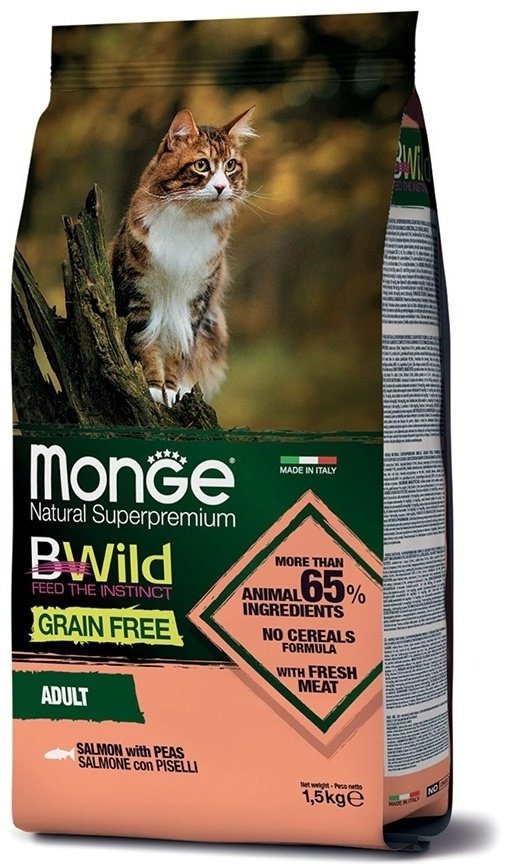 Корм Monge Cat Bwild Grain Free для взрослых тунец и горох тунец, горох 1.5 кг купить,NaN