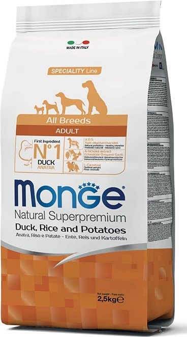 Корм Monge All Breeds Adult Duck, Rice and Potatoes утка, рис, картофель 2.5 кг