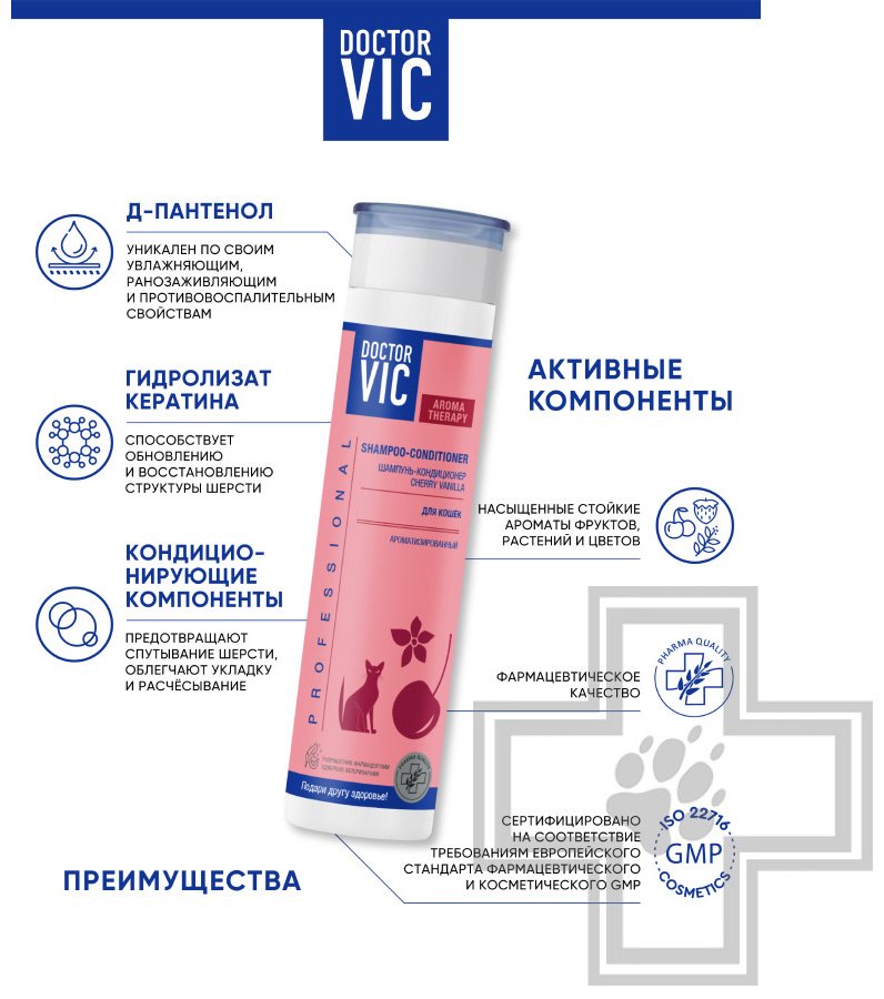 Уход Doctor VIC Chery Vanilla Шампунь-кондиционер ароматизированный для кошек 250 мл купить,2500