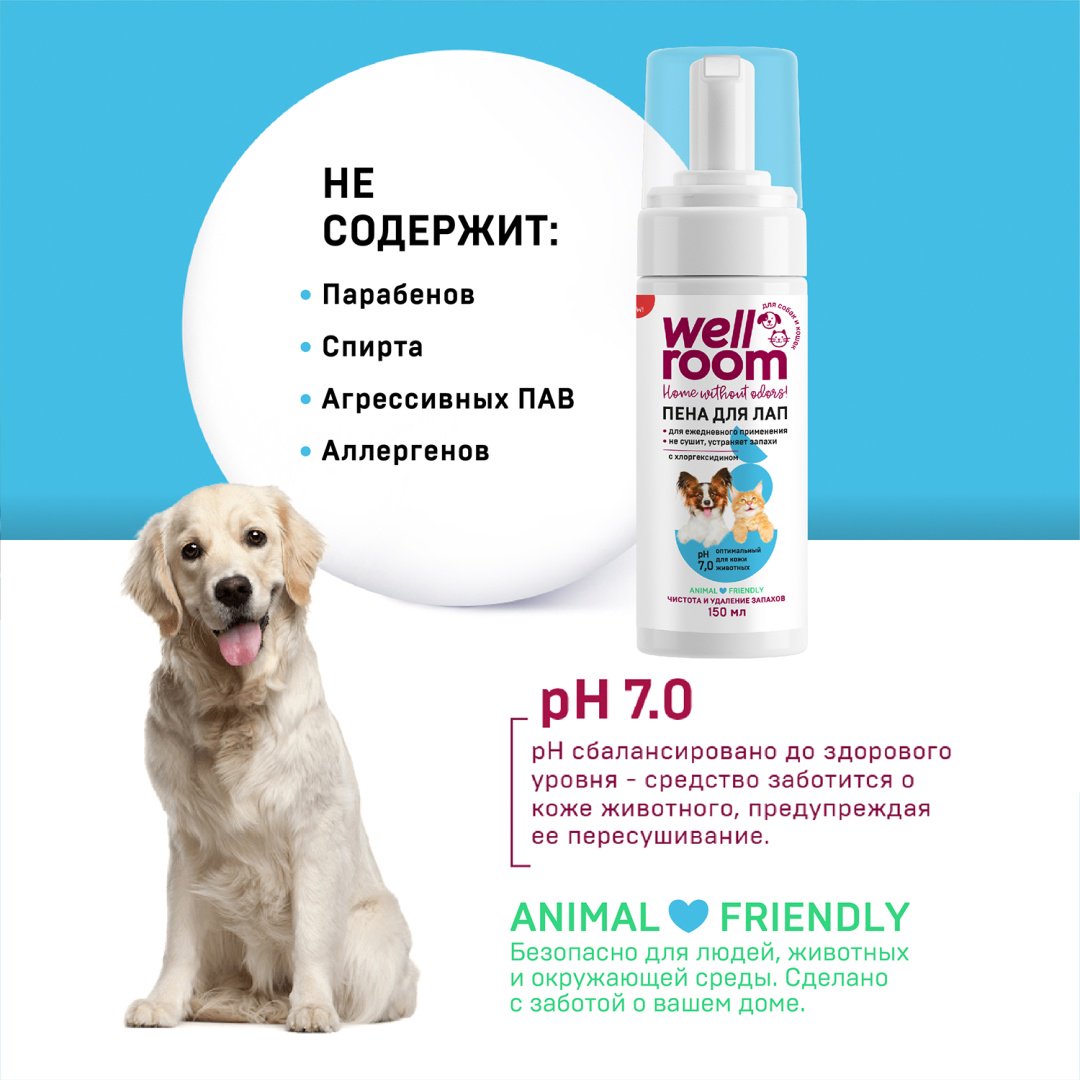 Уход Wellroom WRH_AFM150 Пенка для мытья лап с хлоргексидином для кошек и собак 150 мл