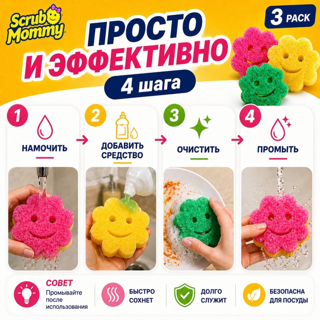 Губка для зеркал и стекол, для мебели, для металлических поверхностей, для пола, для посуды, для сантехники, для стеклокерамики, для фруктов и овощей, универсальная, для печи, для горшков, для бутылок Scrub Daddy SM89881 3 шт, полиуретан купить,NaN