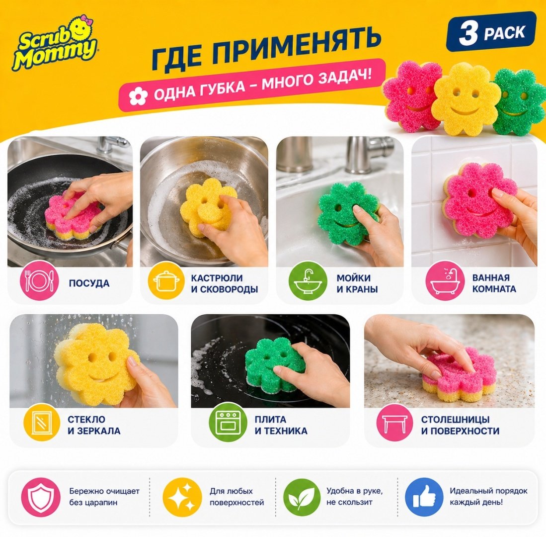 Губка для зеркал и стекол, для мебели, для металлических поверхностей, для пола, для посуды, для сантехники, для стеклокерамики, для фруктов и овощей, универсальная, для печи, для горшков, для бутылок Scrub Daddy SM89881 3 шт, полиуретан купить,NaN