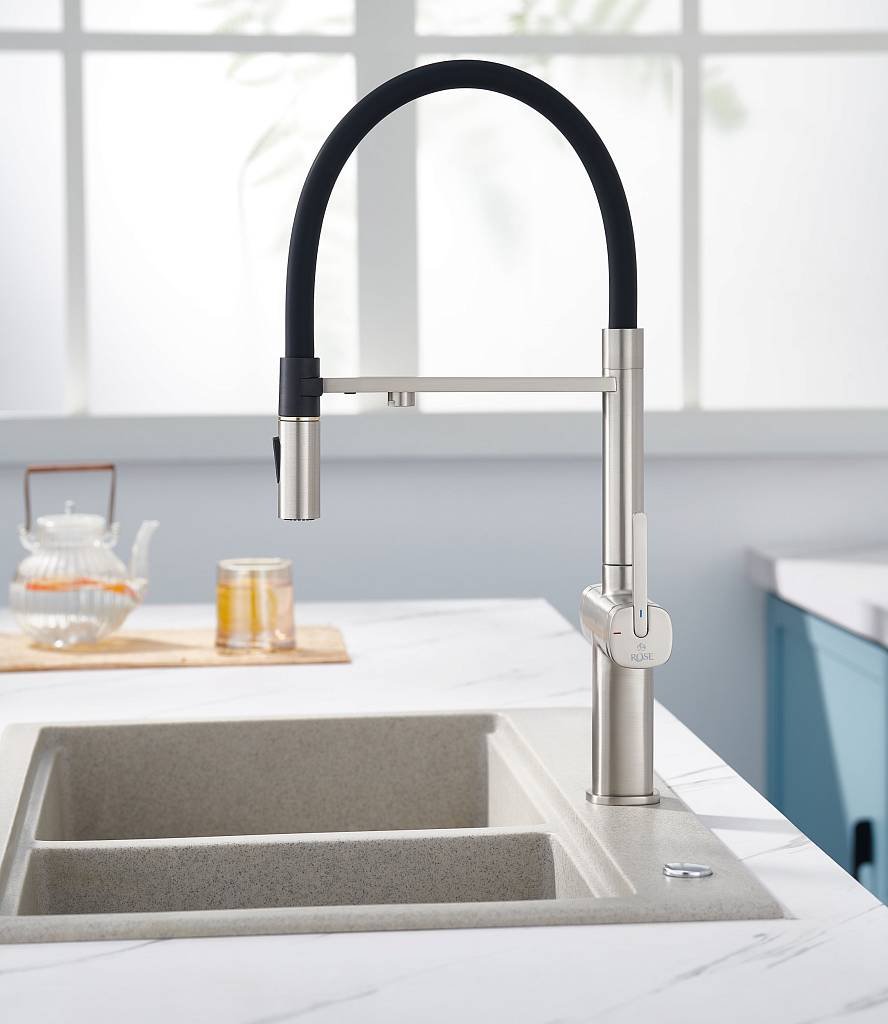 Смеситель с гибким изливом Rose R358L, латунь, цвет черный, сатин купить,NaN
