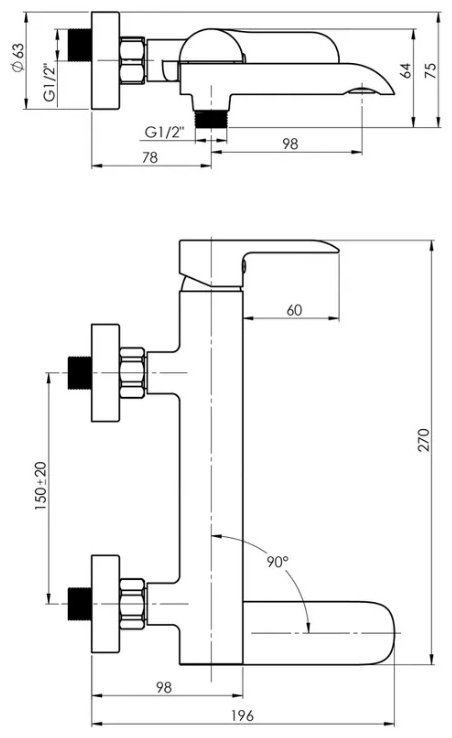 Смеситель для ванны Rubineta Ultra-10/К, однозахватный купить,77200