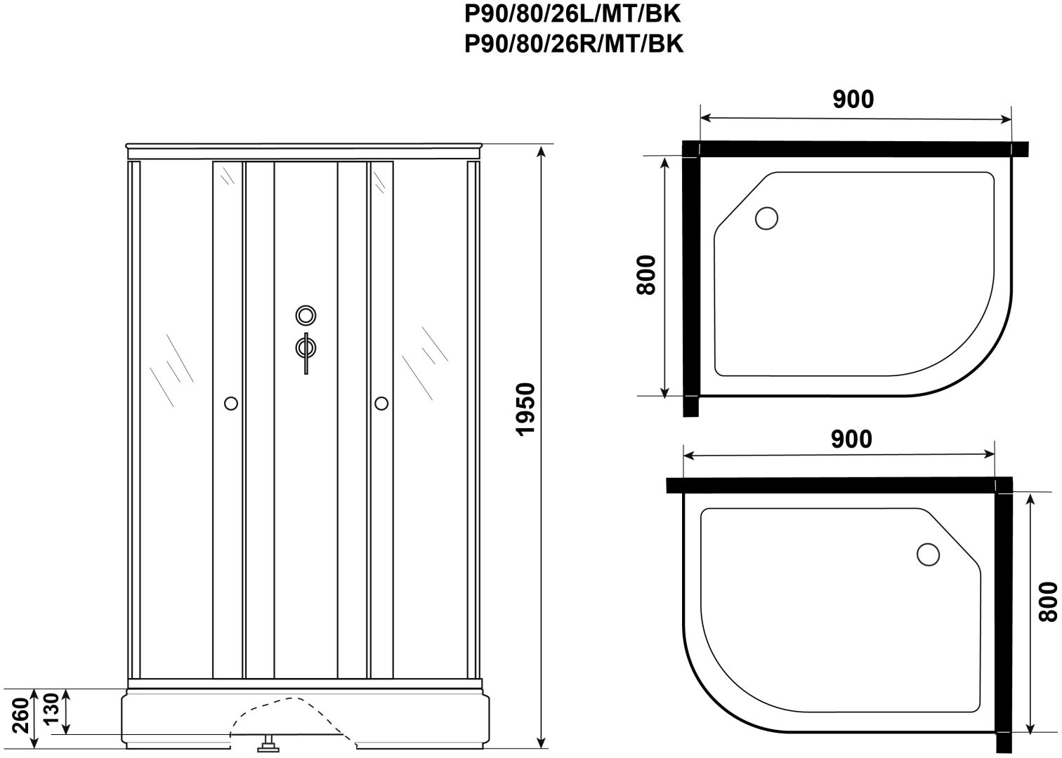 Душевая кабина KABINKA.KZ P90/80/26R/MT/BK (195х90 см), средний поддон купить,NaN