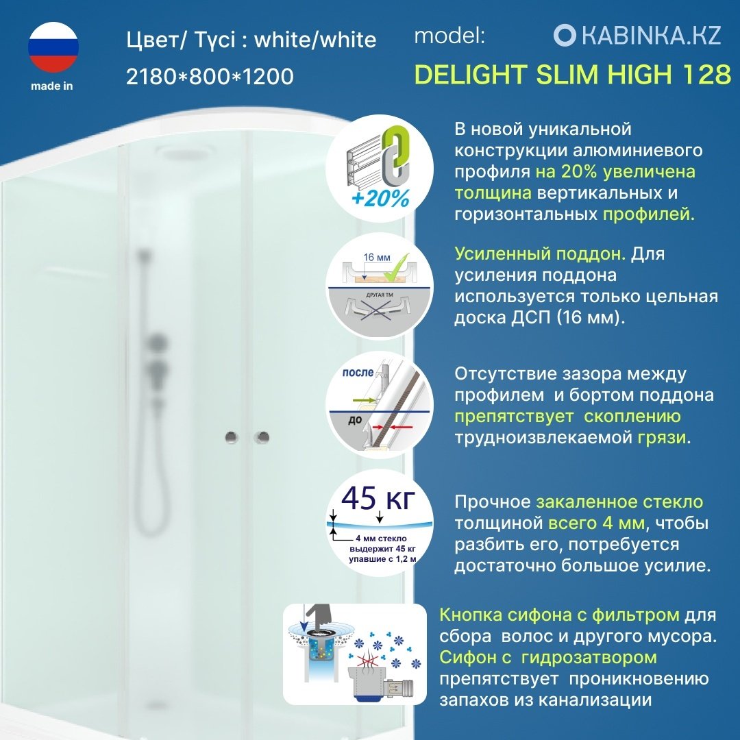 Душевая кабина KABINKA.KZ Delight Slim (128 L) (218х120 см), низкий поддон