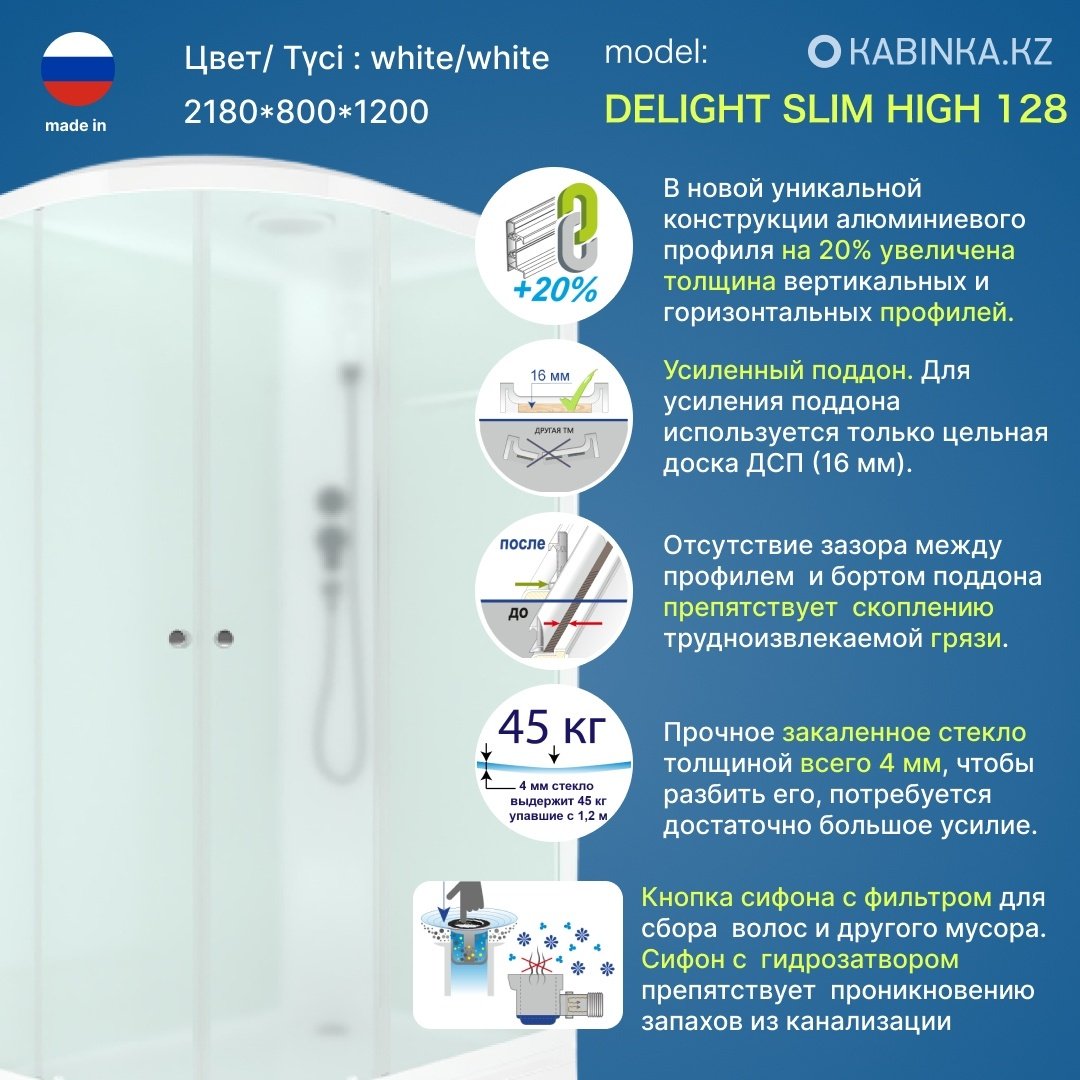 Душевая кабина KABINKA.KZ Delight Slim (128 R) (218х120 см), низкий поддон