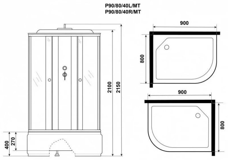 Душевая кабина KABINKA.KZ P90/80/40L/MT (215х90 см), высокий поддон