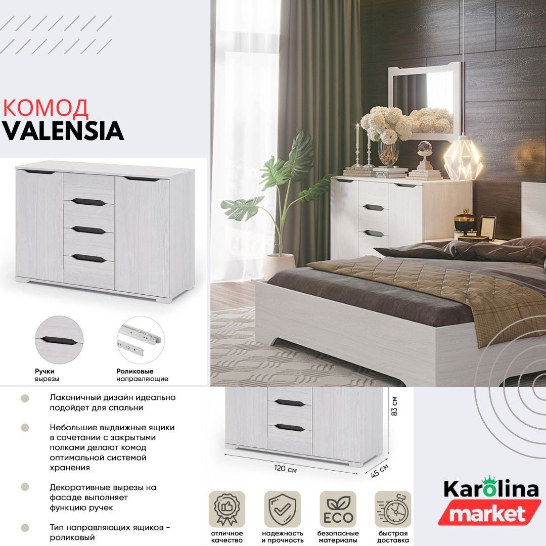 Комод DOMA Valensia, 120x45x83 см, белый купить,NaN