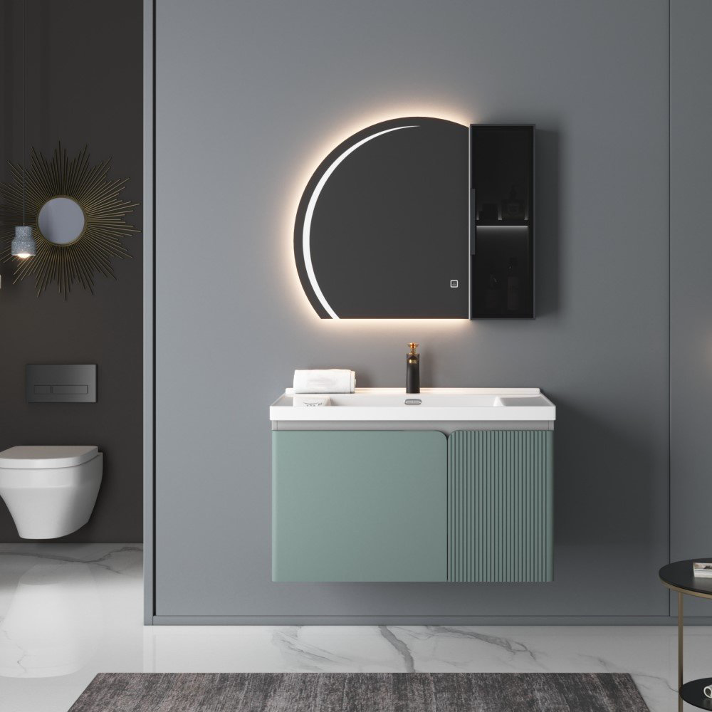 Комплект для ванной Home Collection Atlantic 846516 (шкаф-навесной, тумба под раковину, зеркало, раковина) черный, бирюзовый купить,NaN