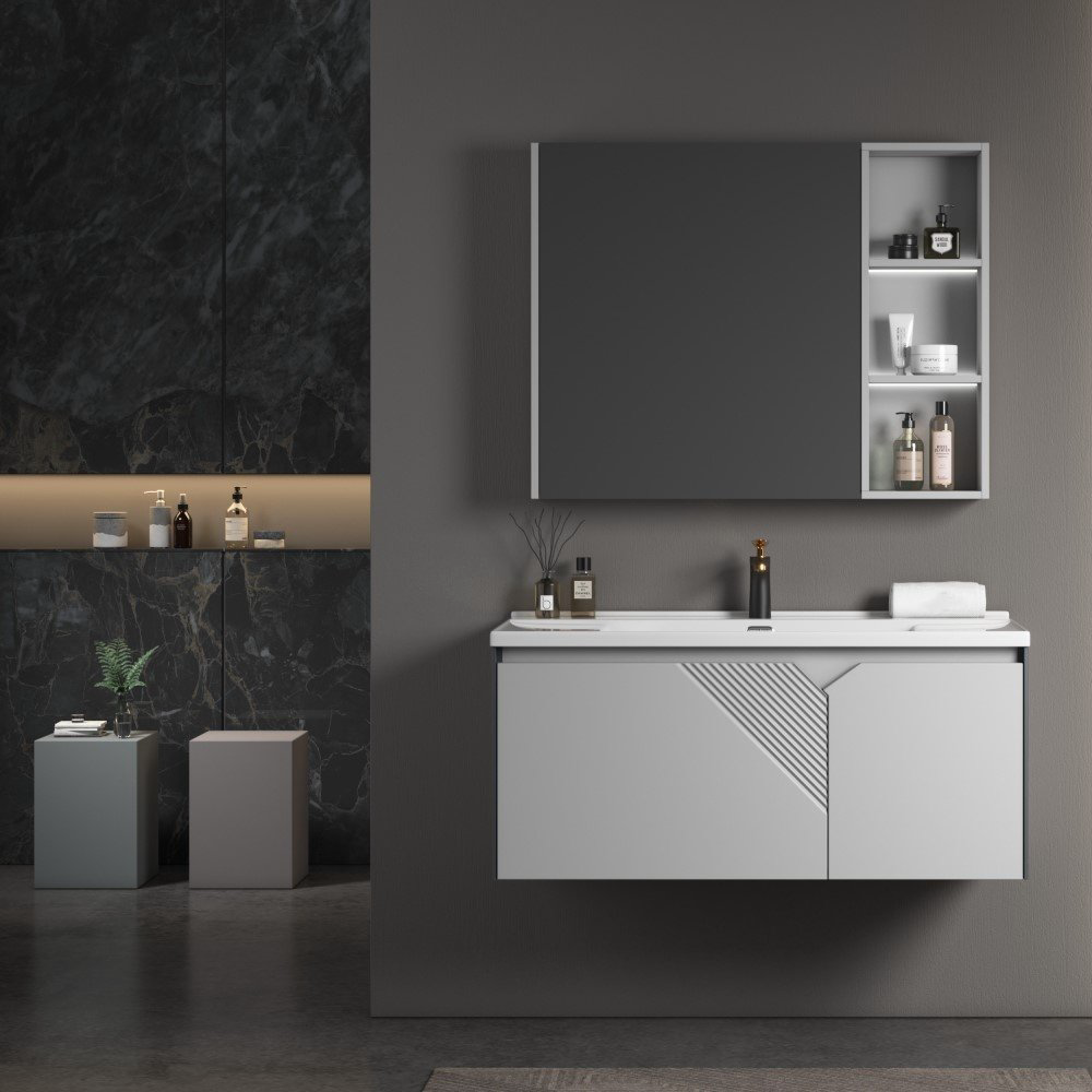 Комплект для ванной Home Collection Ice 100 894861 (шкаф-навесной, тумба под раковину, зеркало, раковина) светло серый купить,NaN