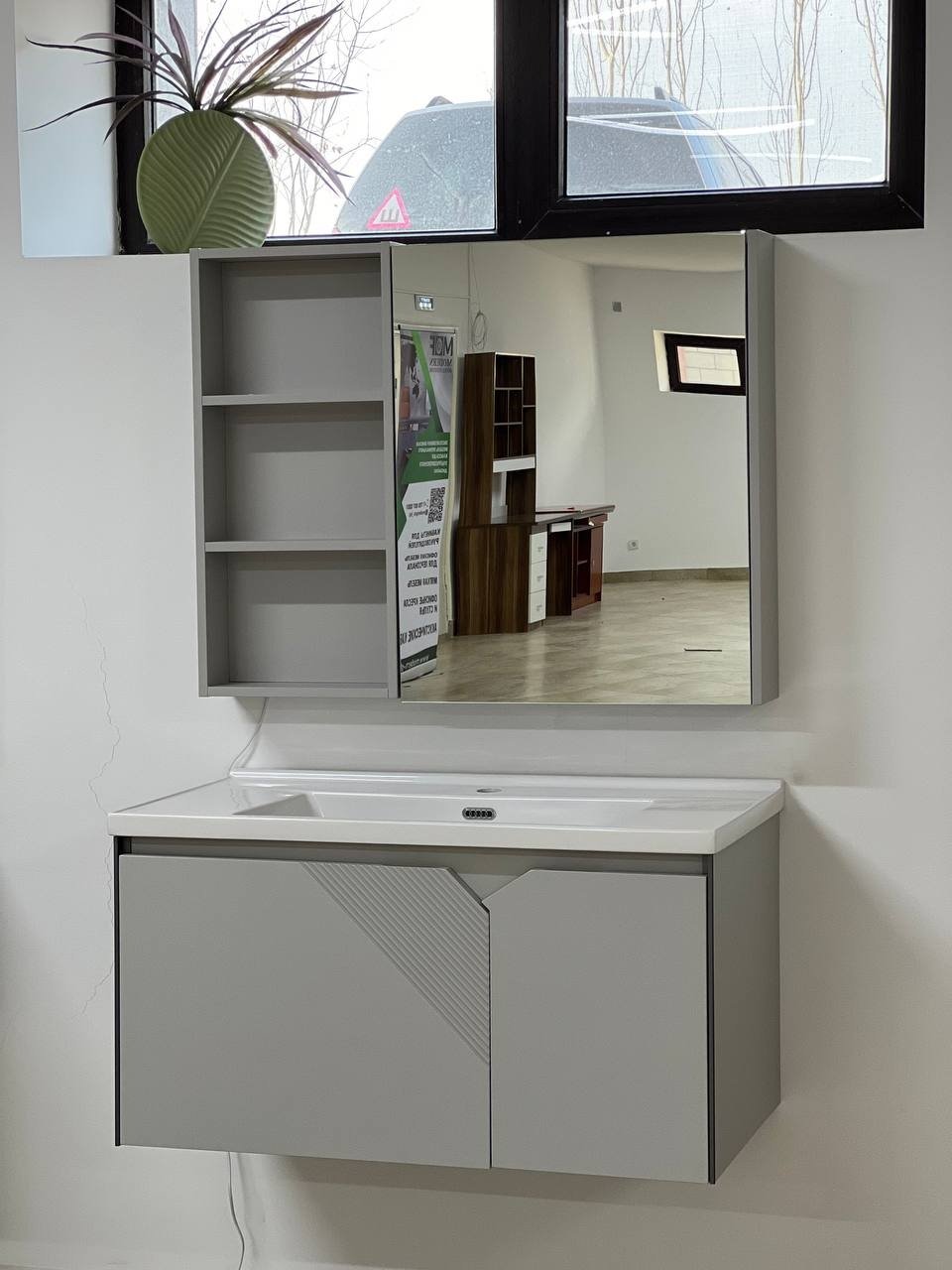 Комплект для ванной Home Collection Ice 80 4849863 (шкаф-навесной, тумба под раковину, зеркало, раковина) серый, светло серый