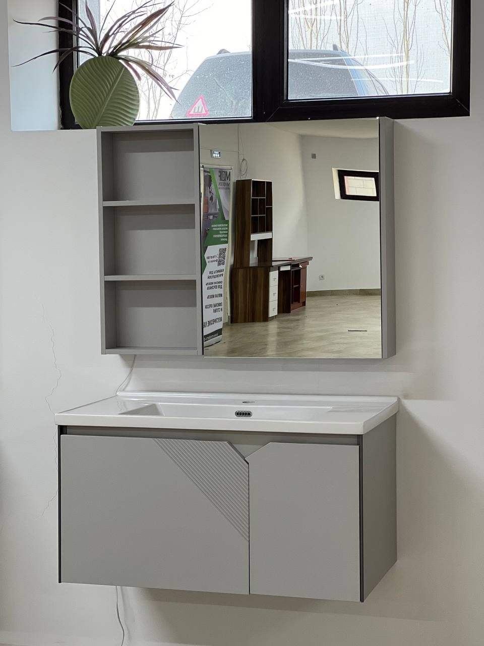 Комплект для ванной Home Collection Ice 80 4849863 (шкаф-навесной, тумба под раковину, зеркало, раковина) серый, светло серый купить,NaN