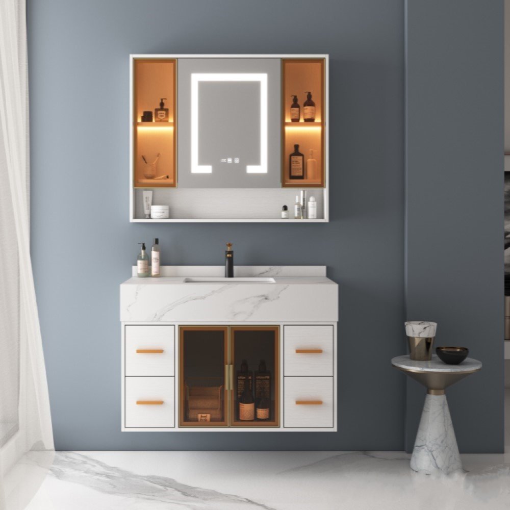 Комплект для ванной Home Collection Rainbow 84687 (шкаф-навесной, тумба под раковину, зеркало, раковина) белый, золотой