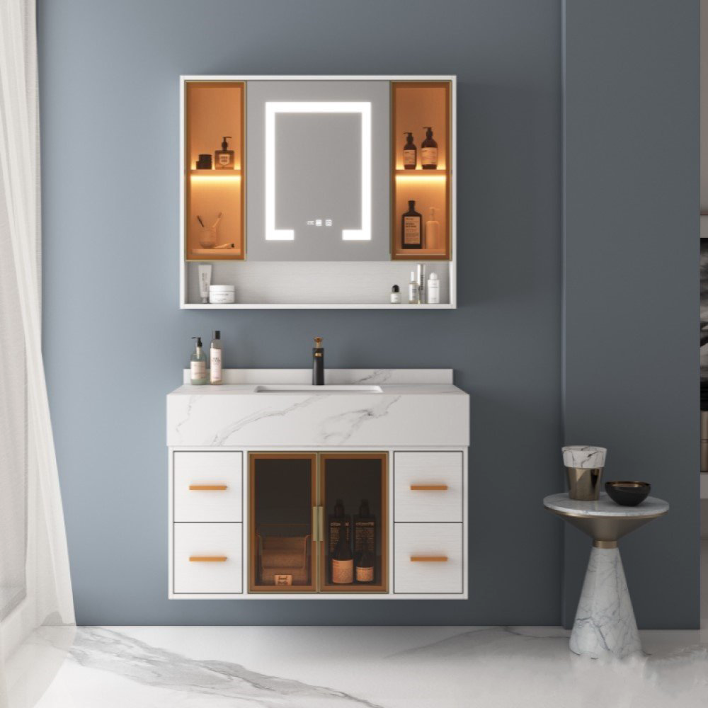 Комплект для ванной Home Collection Rainbow 84687 (шкаф-навесной, тумба под раковину, зеркало, раковина) белый, золотой купить,NaN