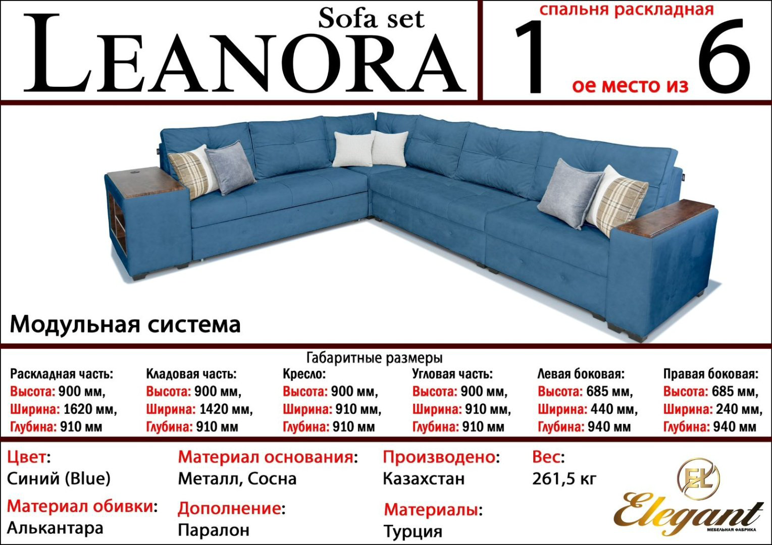 Диван угловой Elegant Leanora 84684, 554х91 см, обивка полиэстер, синий купить,NaN