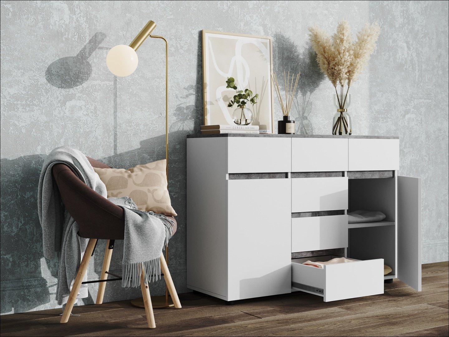 Комод DOMA Lotos, 120.10x42.20x86.6 см, белый, серый купить,NaN