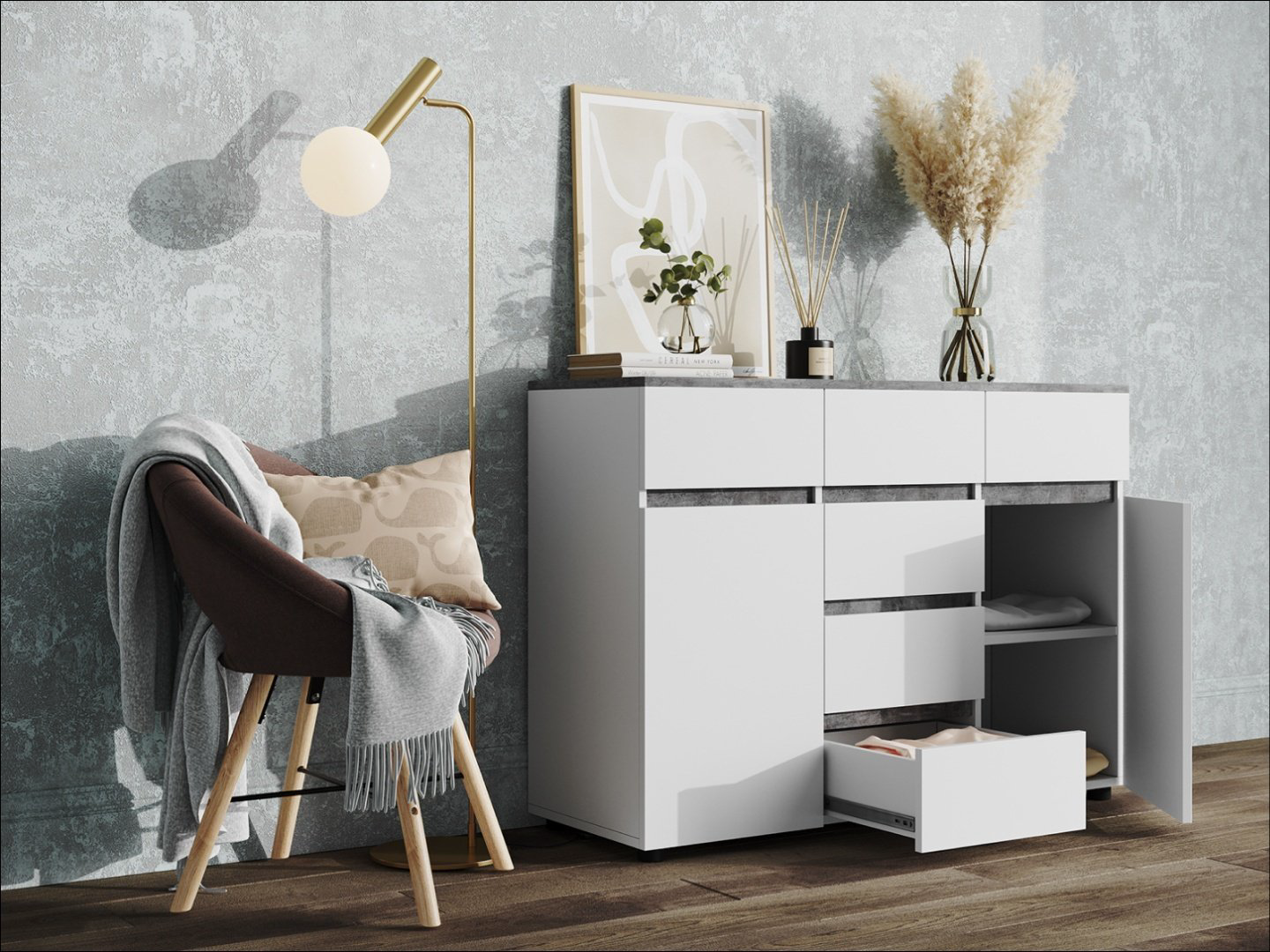 Комод DOMA Lotos, 120.10x42.20x86.6 см, белый, серый купить,NaN
